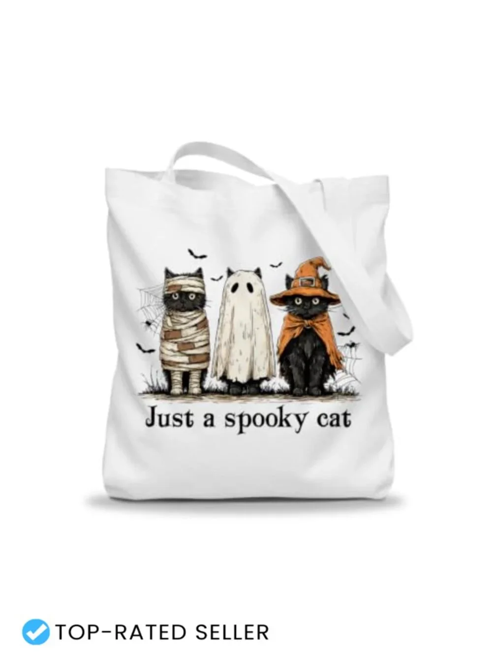 Reusable Halloween Canvas Tote Bag, Spooky Cat Ghost Print, Large Capacity,